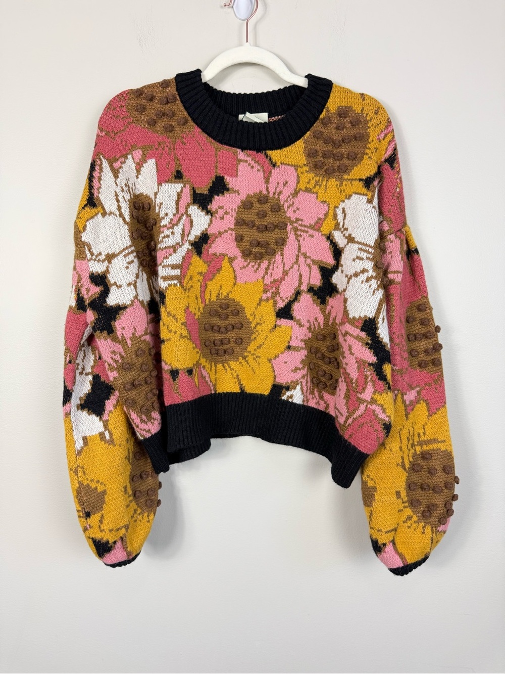 Farm Rio Sweater Women XL Floral Embroidered Sunflower Pom Pom Pink Brown Yellow - Picture 10 of 11